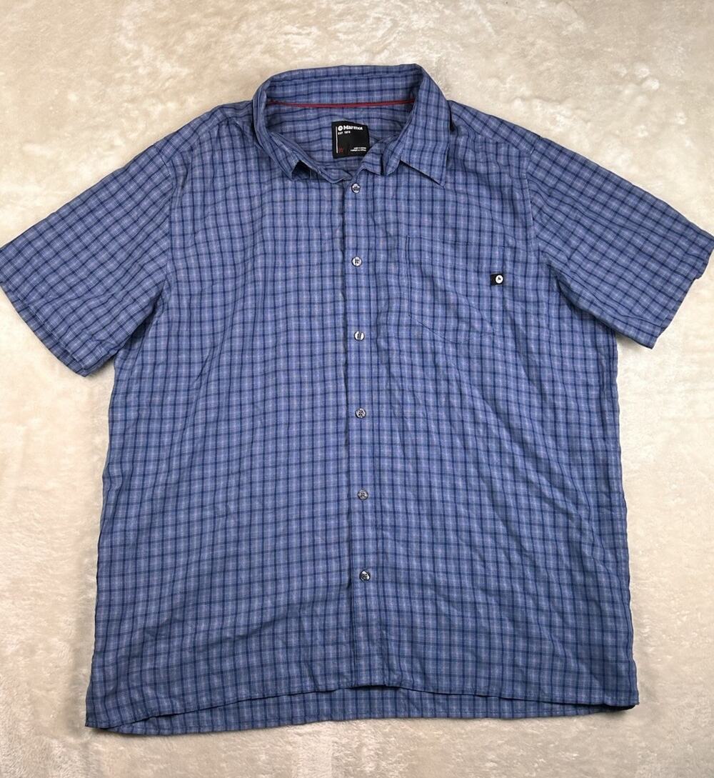Marmot Button Up Shirt Mens 2XL Blue Plaid Short Sleeve Hiking Outdoors Hiking